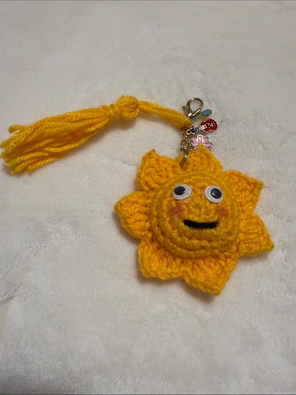 Handmade Yellow Sun Crochet Keychain with Charms
